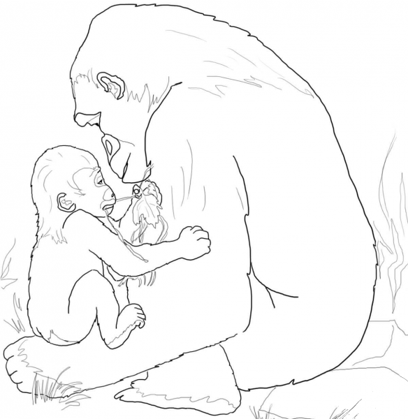 Baby Gorilla Playing with Mother coloring page image