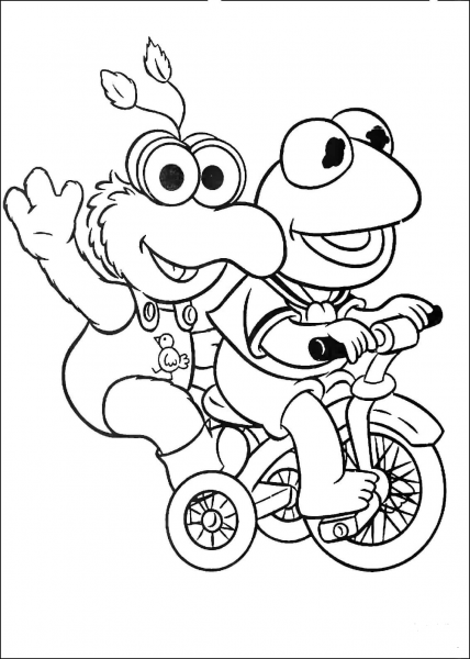Baby Kermit and Gonzo are Riding A Tricycle coloring page image