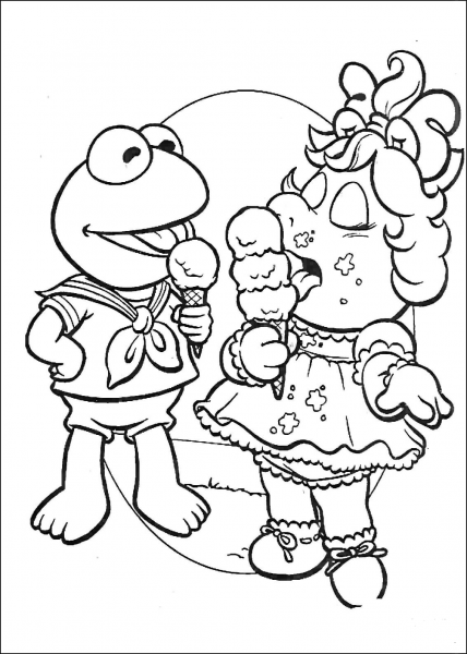 Baby Kermit and Miss Piggy  are Eating Ice Cream coloring page image