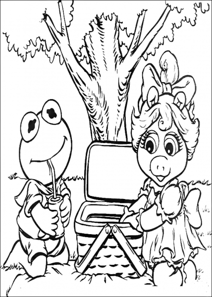 Baby Kermit and Miss Piggy On a Picnic coloring page image