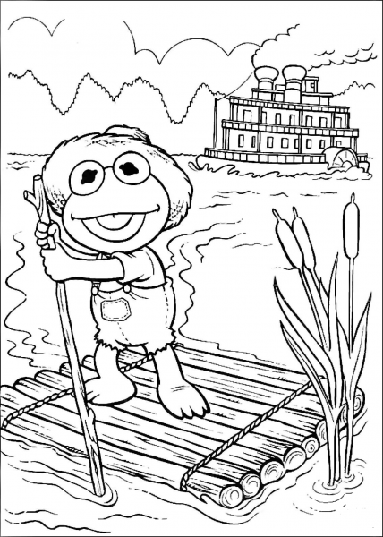 Baby Kermit  as Tom Sawyer on a raft coloring page image