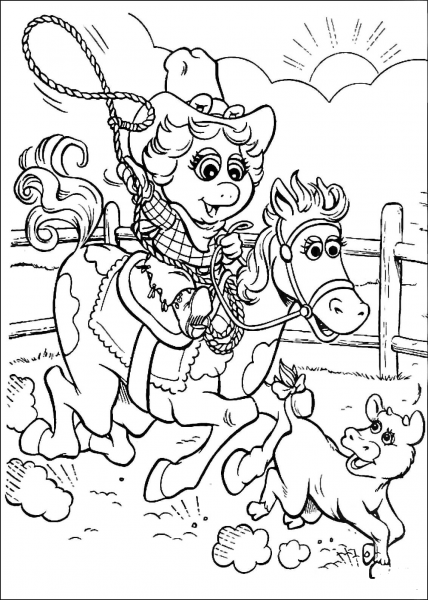 Baby Miss Piggy cowgirl coloring page image