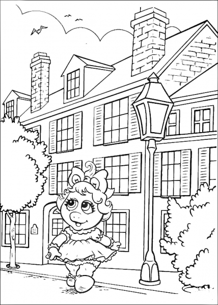 Baby Miss Piggy is Walking in The City coloring page image