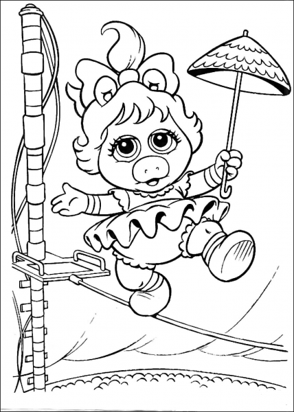 Baby Miss Piggy is walking on a rope coloring page image