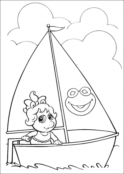 Baby Miss Piggy on a Boat coloring page image