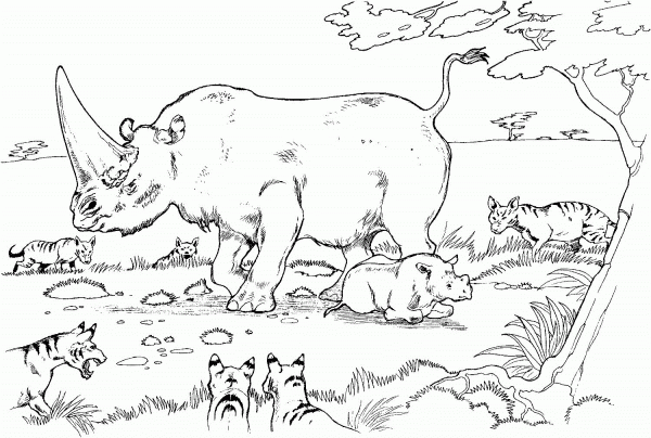 Baby Rhinoceros and Mother Against the Hyena coloring page image