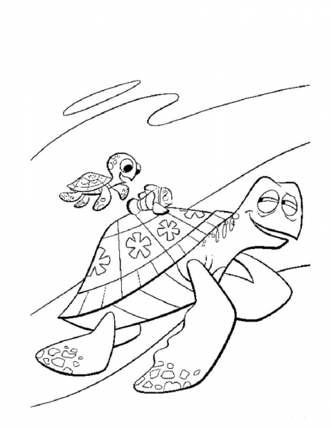 Baby Turtle on the back of Crush (Sea Turtle) coloring page image
