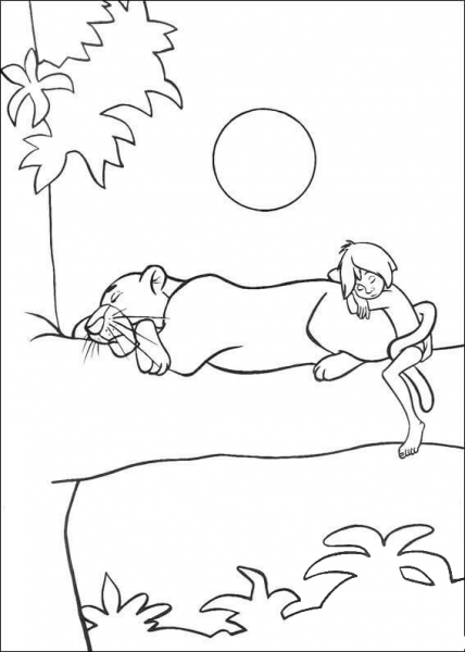 Bagheera And Mowgli Are Sleeping On The Tree  coloring page image