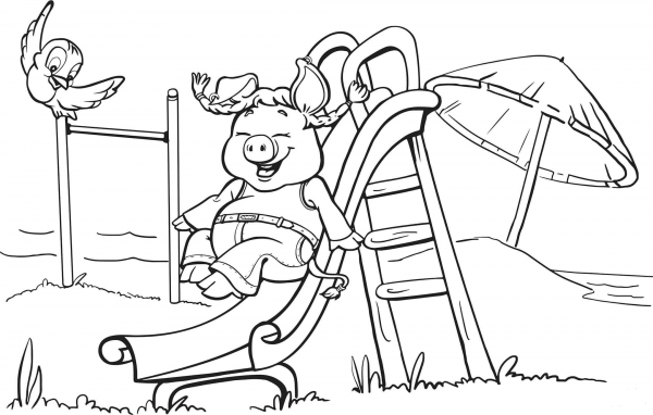 Pig on the Playground Slide coloring page image
