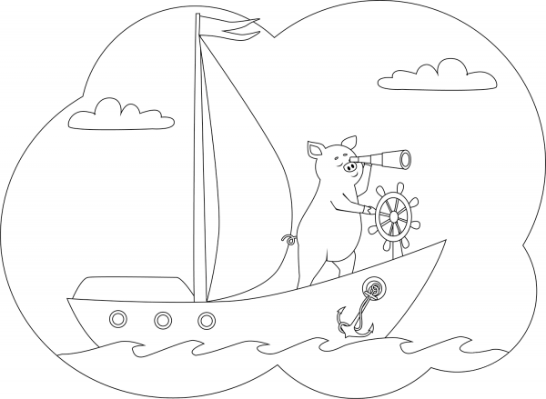Pig on the Ship coloring page image
