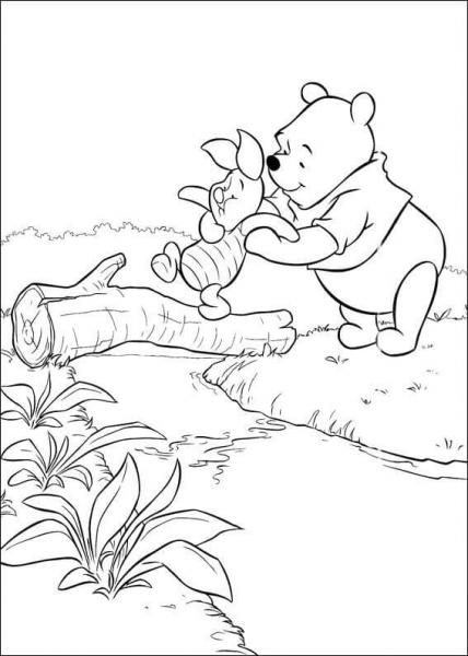 Piglet Crosses The Bridge. Pooh helps him.  coloring page image