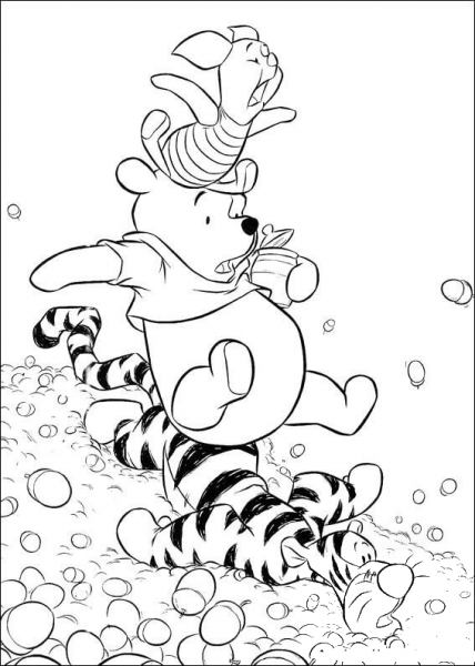 Piglet, Pooh And Tigger Are Sliding Together  coloring page image
