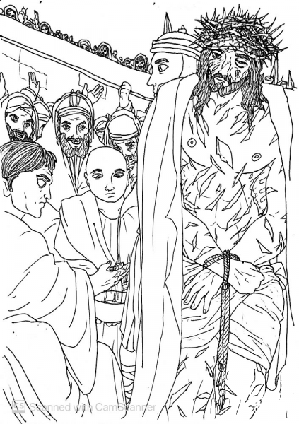 Pilate Gives in to the Jews and Condemns Jesus to Death by Crucifixion coloring page image