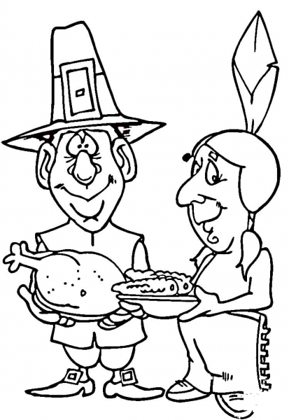 Pilgrim and Indian coloring page image