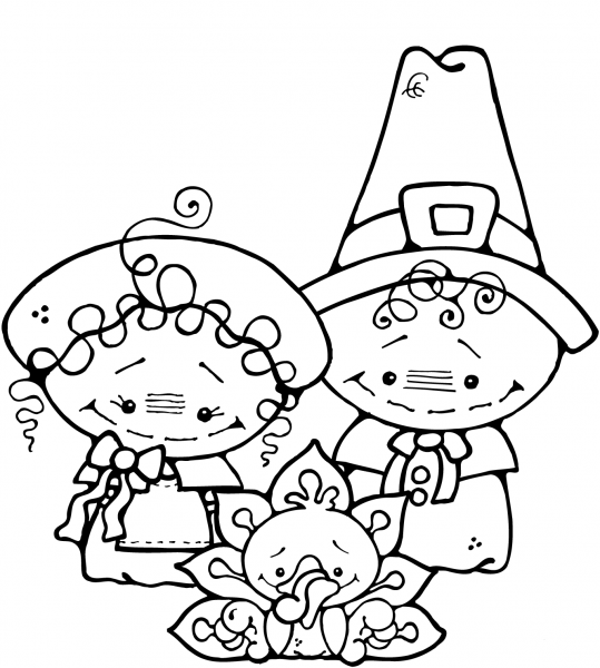 Pilgrim Boy and Girl with Turkey coloring page image