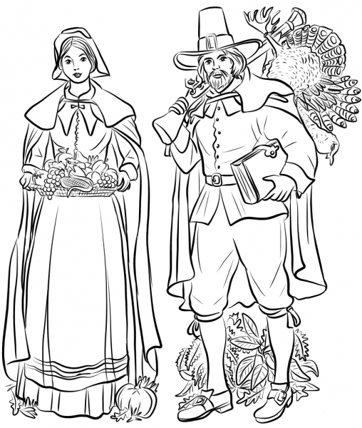 Pilgrim Couple coloring page image