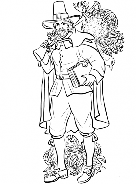 Pilgrim with Musket and Turkey coloring page image