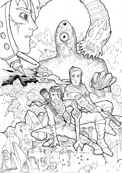 Pilot and Mechanic Vs Evil Monster coloring page image