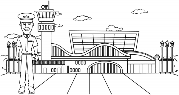 Pilot in Airport coloring page image