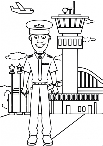 Pilot in Airport coloring page image