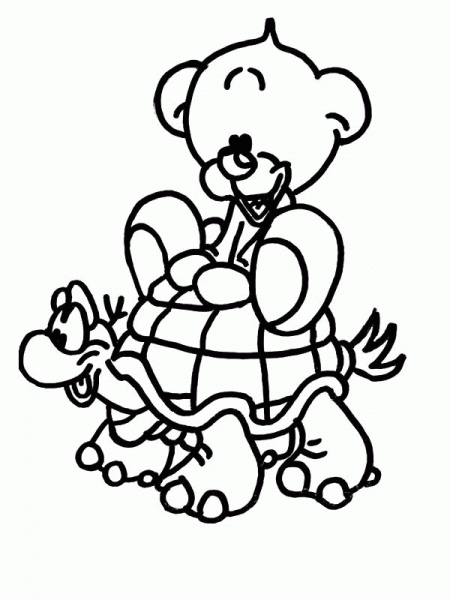 Pimboli is riding on the turtle  coloring page image