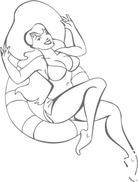 Pin-up Girl at the Beach with a Big Hat coloring page image