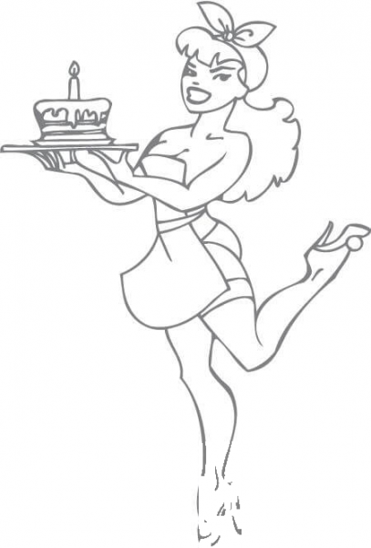 Pin-up Waitress Bringing a Birthday Cake coloring page image