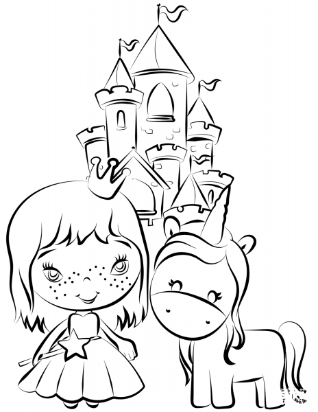 Pincess and Unicorn near Castle coloring page image