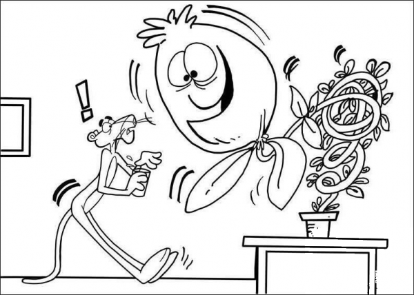 Pink Panther and smiling plant coloring page image