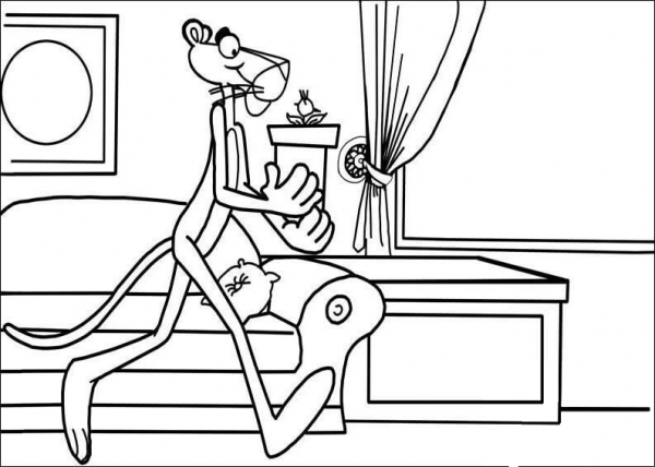 Pink Panther in his house coloring page image