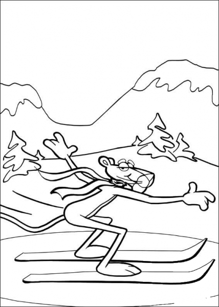 Pink Panther On The Skis coloring page image