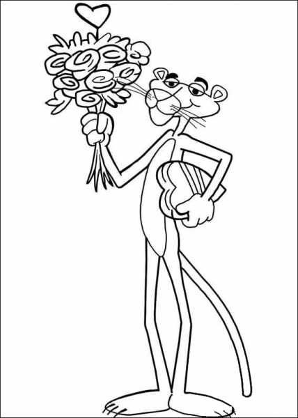 Pink Panther With Flowers  coloring page image