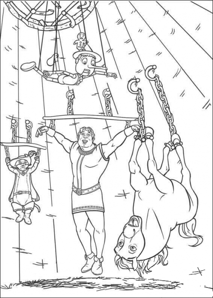 Pinocchio, Puss in Boots, Horse and Shrek are imprisoned coloring page image