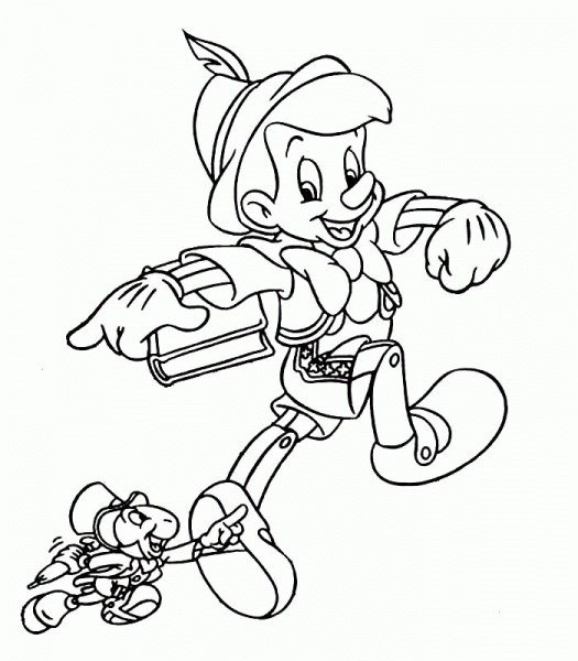 Pinocchio With Cricket  coloring page image