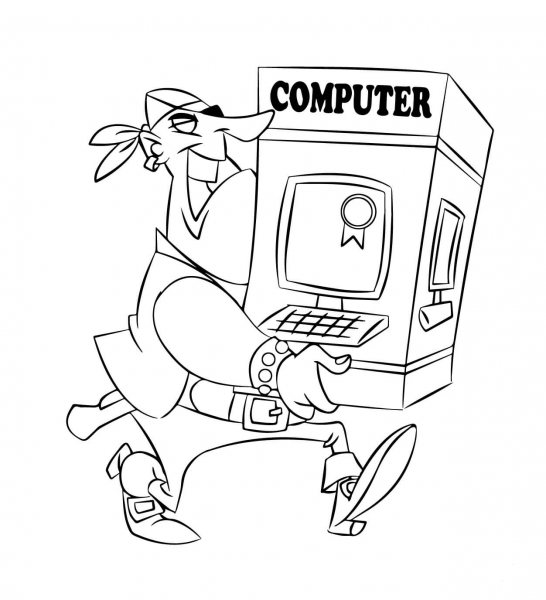 Pirate Carrying a Computer coloring page image