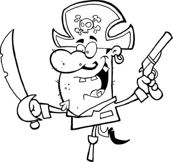 Pirate with a Sword and Gun Balances on Peg Leg coloring page image