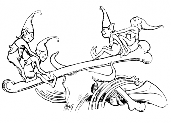 Pixies Playing on the Skeleton of a Cow coloring page image