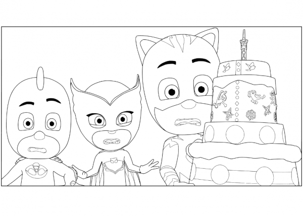PJ Masks Birthday Cake coloring page image