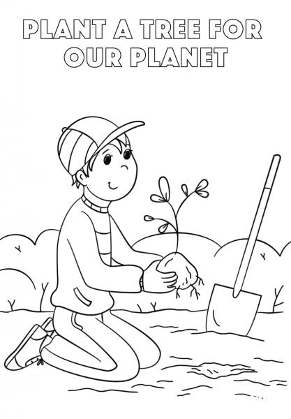 Plant a Tree for Our Planet coloring page image