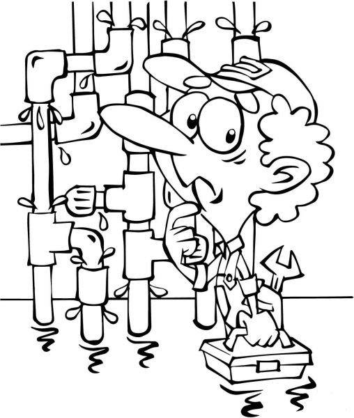 Plumber in Front of Tubes coloring page image
