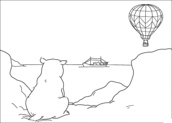 Polar Bear Is looking at the horizon. There is a ship and an air balloon afar. coloring page image