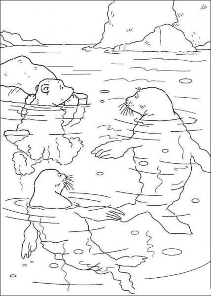 Polar Bear Lars is Swimming With seals coloring page image