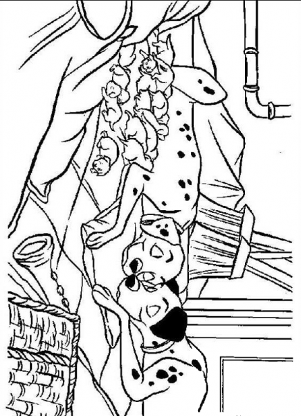 Pongo and Perdita sleeping with puppies coloring page image