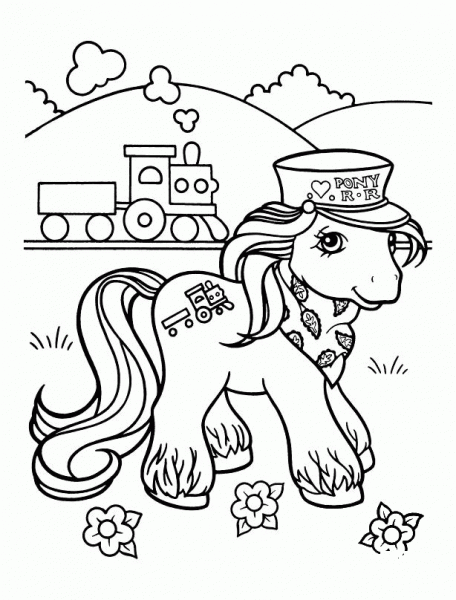 Pony At Train Station  coloring page image