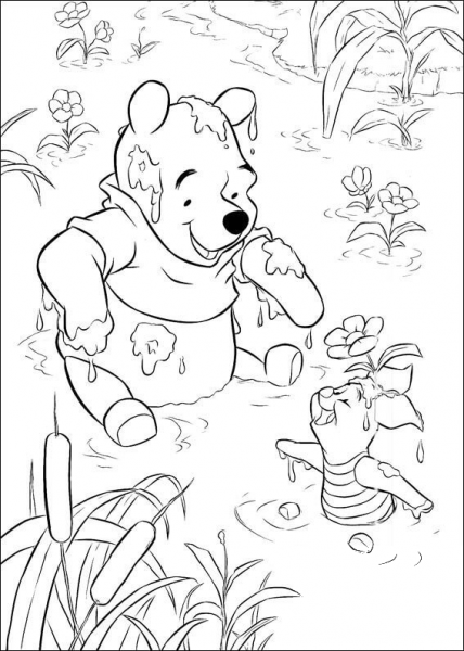Pooh and Piglet are playing In Lake  coloring page image