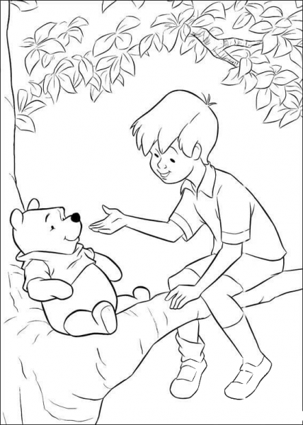 Pooh And Robin sitting on a tree branch coloring page image