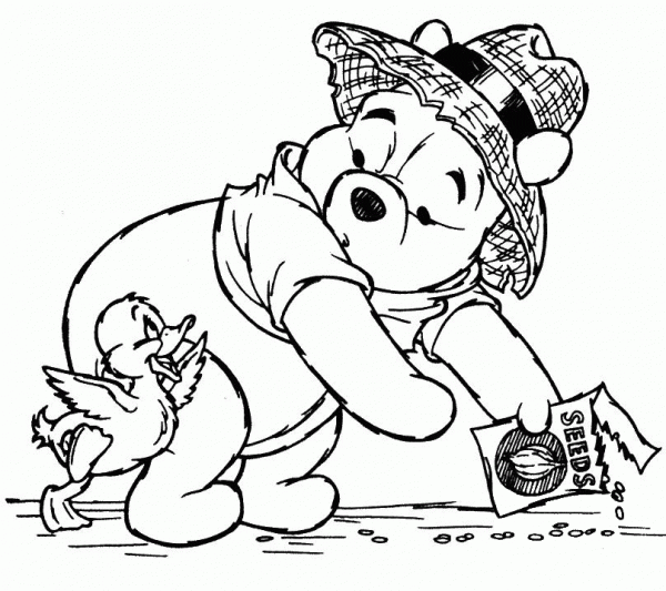 Pooh Is Feeding A Bird  coloring page image
