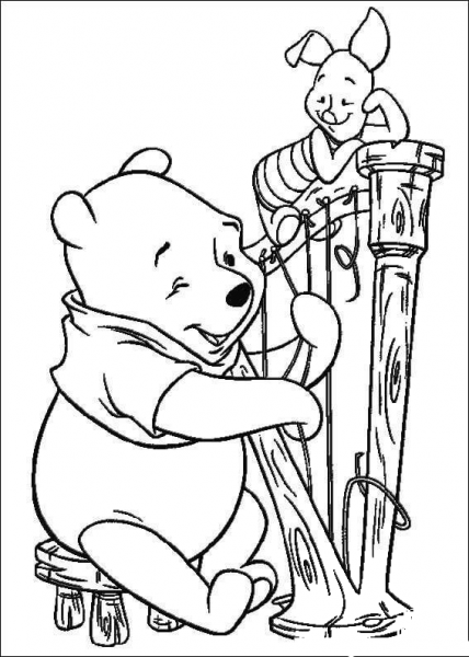 Pooh Is Playing A Harp  coloring page image