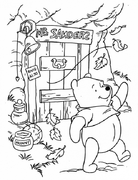 Pooh is walking near his house. It’s windy.  coloring page image