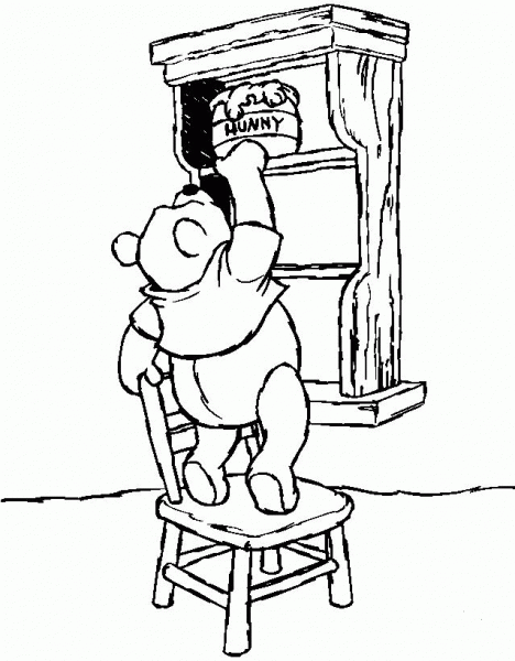 Pooh On A Chair Takes Some Honey  coloring page image